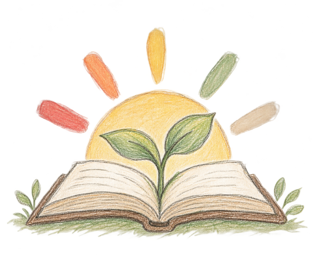 Illustration of an open book with a plant growing from it and colorful leaves.