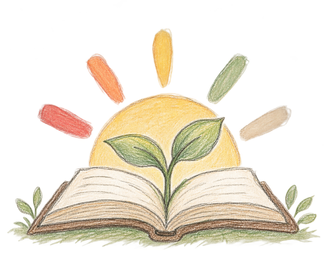 Illustration of an open book with a plant growing from it and colorful leaves.